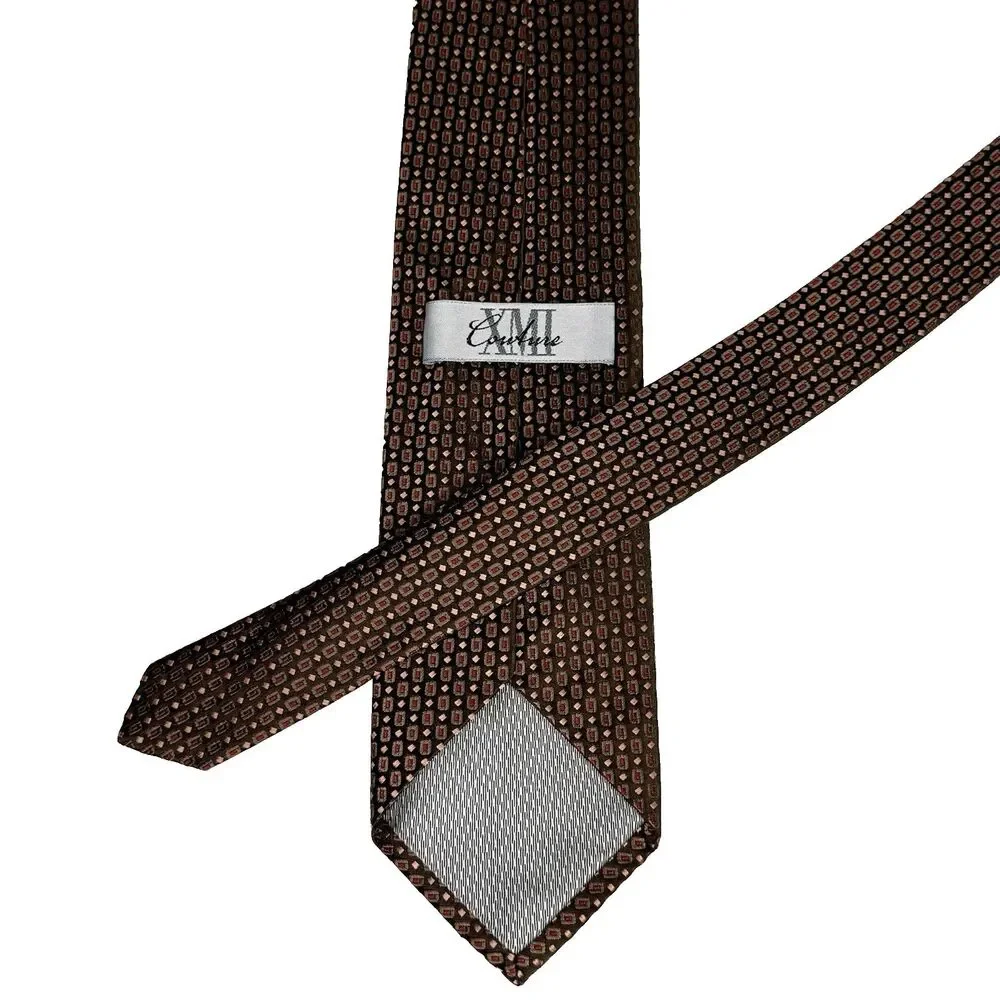 XMI COUTURE Men's Silk Tie Dark Brown Green Red Peach Geometric Texture 59
